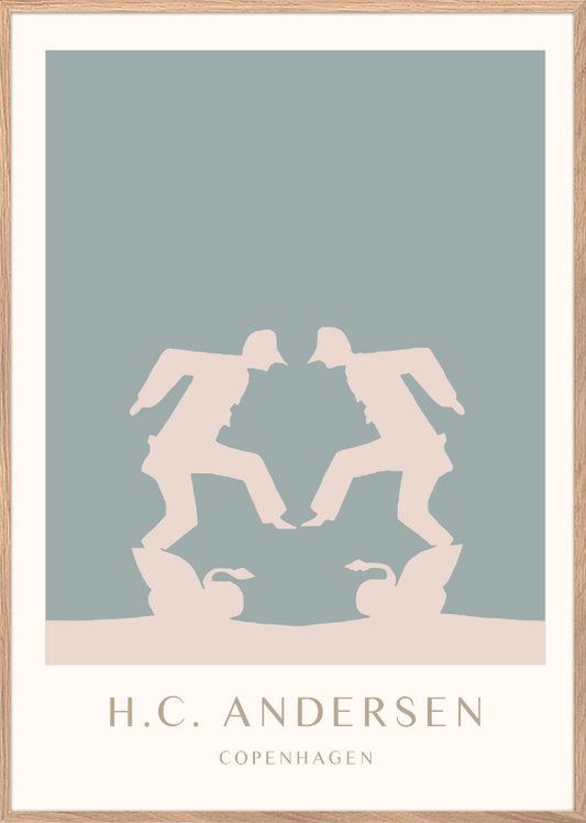 H.C. Andersen kunst plakat med Pjerrot i dansk design med ramme i eg