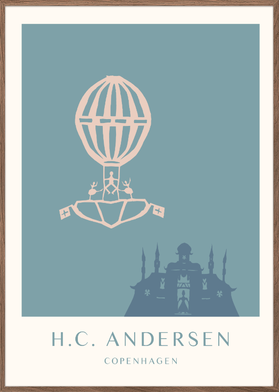 H.C. Andersen kunst plakat med eventyrslot i dansk design med ramme i eg