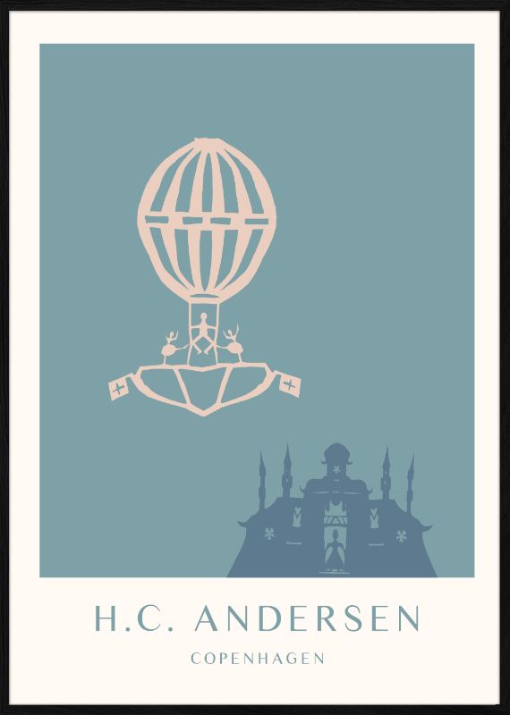 H.C. Andersen kunst plakat med eventyrslot i dansk design med ramme i eg