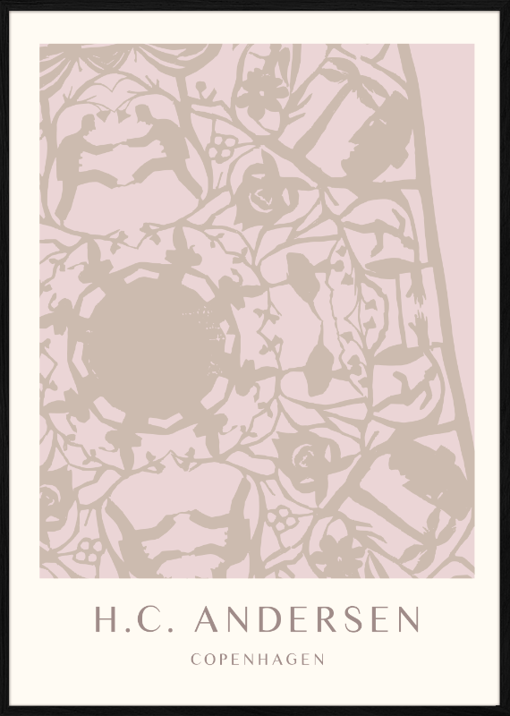 H.C. Andersen eventyr i papirklip kunst plakat i dansk design med ramme i eg
